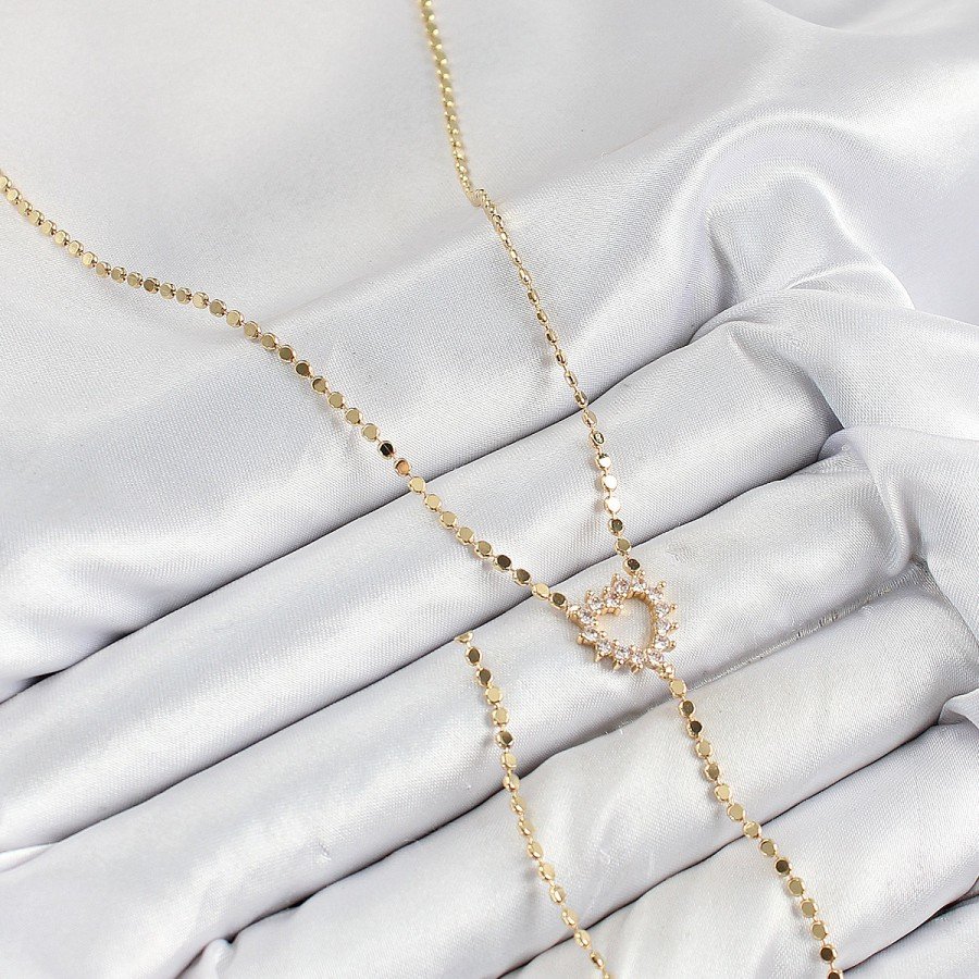 Brass Zircon Stone Crushed Chain Heart Model Gold Color Y Necklace