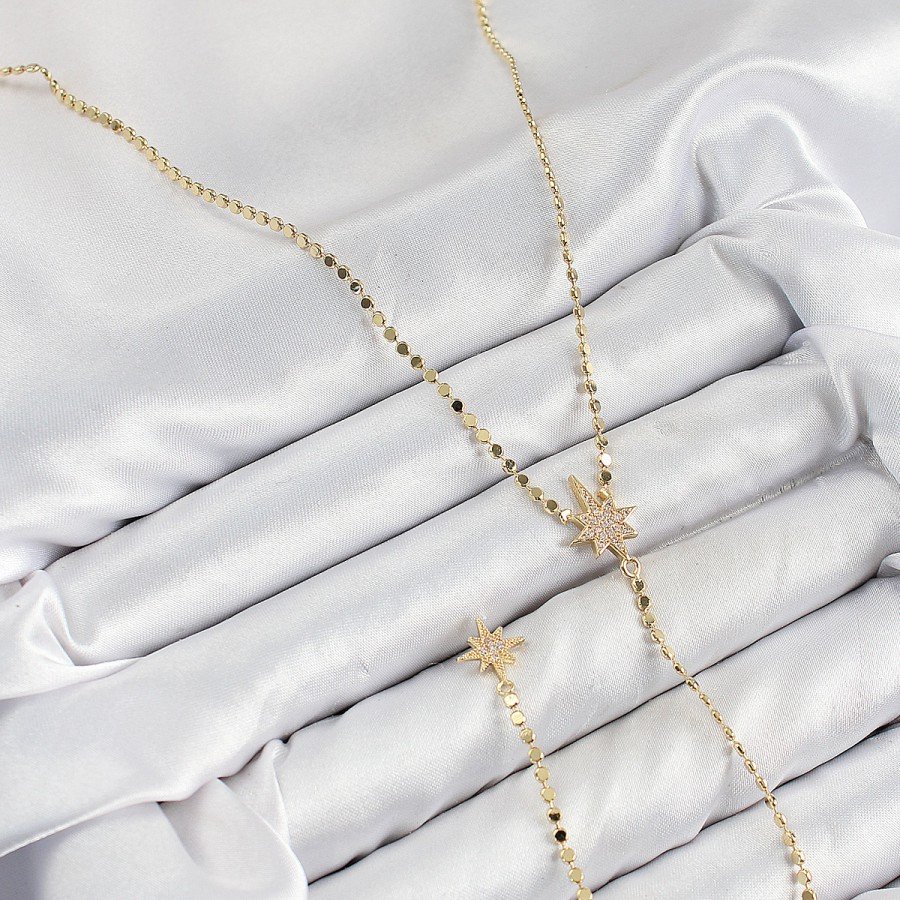 Brass Zircon Stone Crushed Chain Pole Star Model Gold Color Y Necklace Brass Zircon Stone Crushed Chain Pole Star Model Gold Color Y Necklace