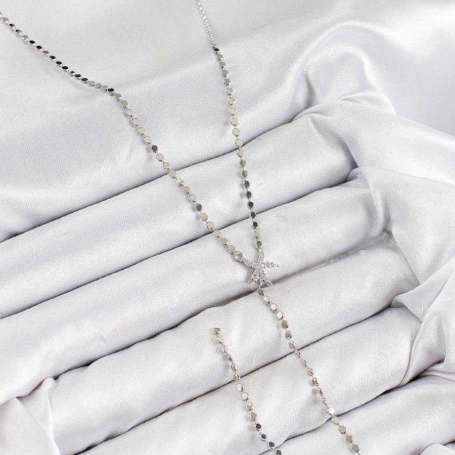 Brass Zircon Stone Crushed Chain Starfish Model Silver Color Y Necklace