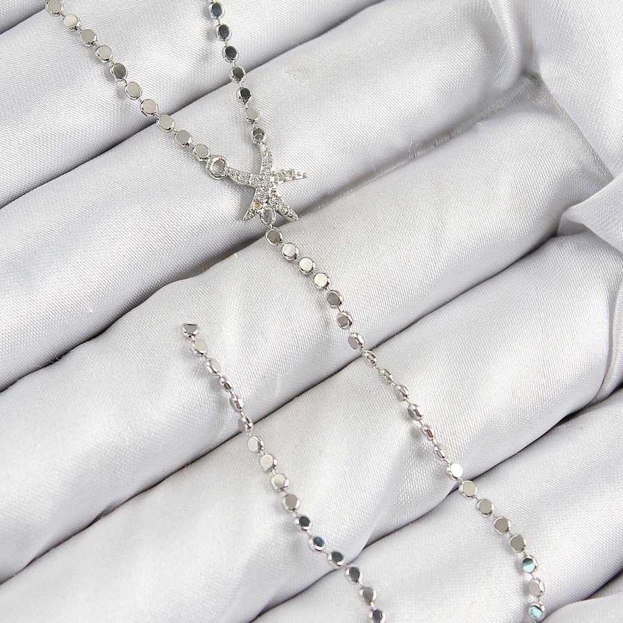 Brass Zircon Stone Crushed Chain Starfish Model Silver Color Y Necklace