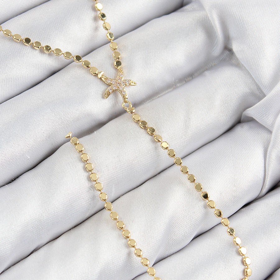 Brass Zircon Stone Crushed Chain Starfish Model Gold Color Y Necklace
