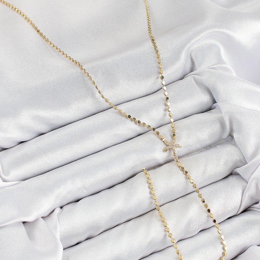 Brass Zircon Stone Crushed Chain Starfish Model Gold Color Y Necklace