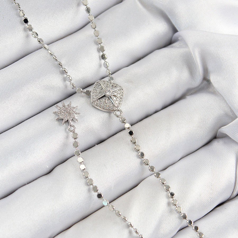 Brass Zircon Stone Crushed Chain Medallion Model Silver Color Y Necklace