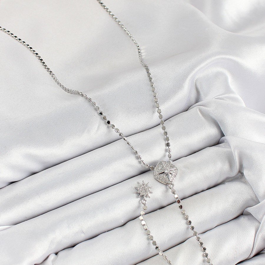 Brass Zircon Stone Crushed Chain Medallion Model Silver Color Y Necklace