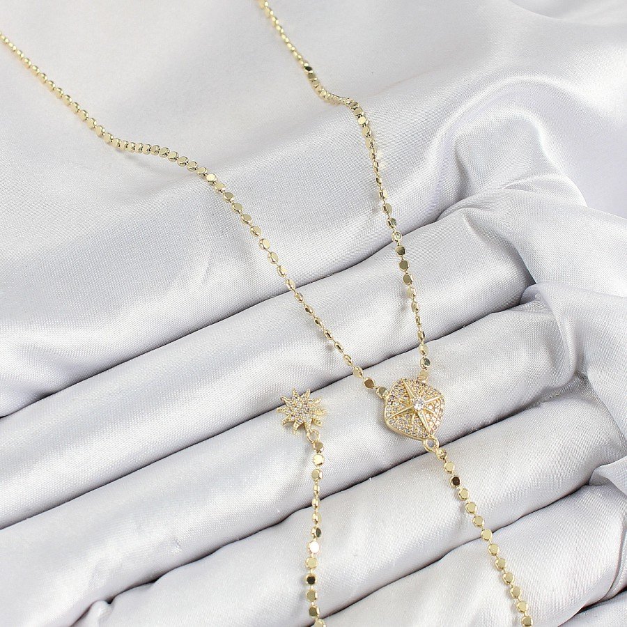 Brass Zircon Stone Crushed Chain Medallion Model Gold Color Y Necklace