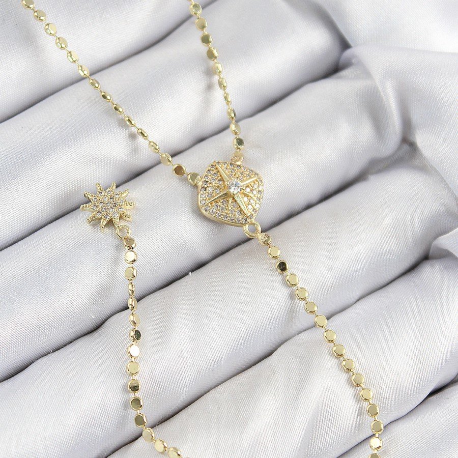 Brass Zircon Stone Crushed Chain Medallion Model Gold Color Y Necklace
