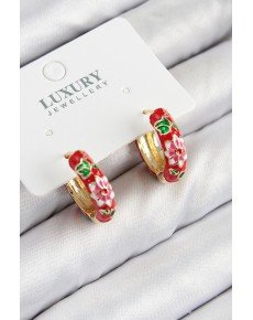 Brass Gold Color Red Flower Embroidered Enameled Women's Earrings