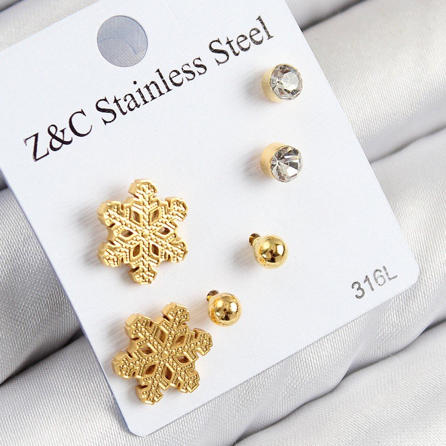 316L Steel Zircon Stone Snowflake Model Gold Color Women s Set Earrings