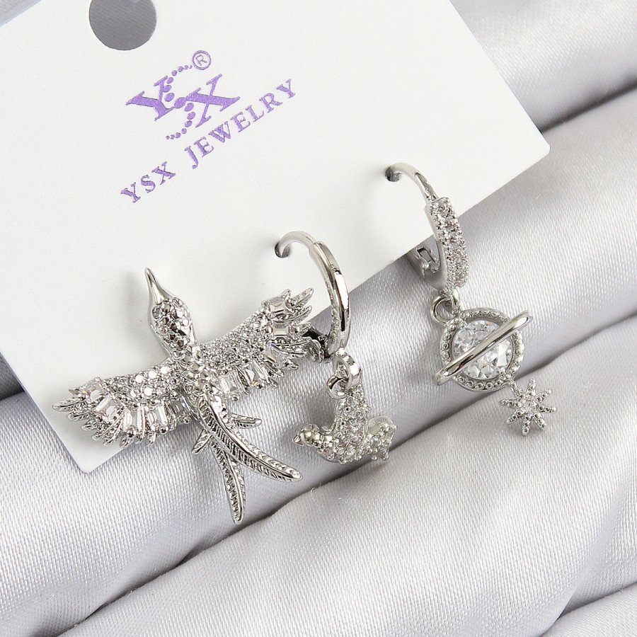 Brass Zircon Stone 3-Piece Bird Model Silver Color Women s Earrings