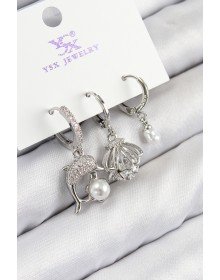 Brass Zircon Stone 3-Piece Dolphin and Oyster Model Silver Color Women's Earrings