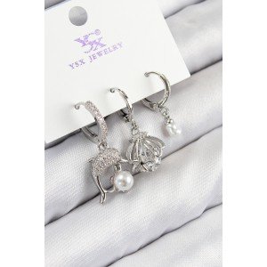 Brass Zircon Stone 3-Piece Dolphin and Oyster Model Silver Color Women's Earrings Brass Zircon Stone 3-Piece Dolphin and Oyster Model Silver Color Women's Earrings