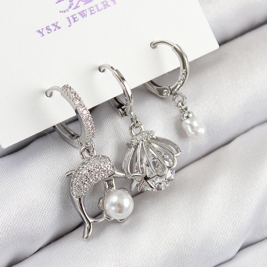 Brass Zircon Stone 3-Piece Dolphin and Oyster Model Silver Color Women s Earrings