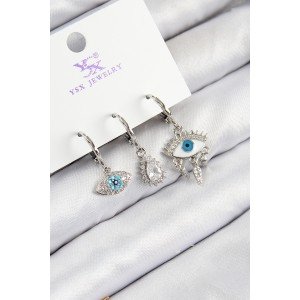 Brass Zircon Stone 3-Piece Fatma's Eye Model Silver Color Women's Earrings