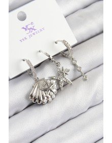 Brass Zircon Stone 3-Piece Star and Oyster Model Silver Color Women's Earrings