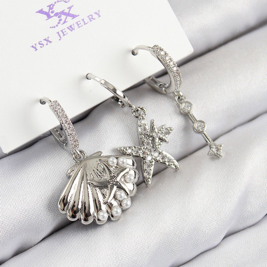 Brass Zircon Stone 3-Piece Star and Oyster Model Silver Color Women s Earrings