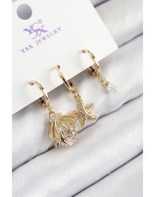 Brass Zircon Stone 3-Piece Oyster and Star Model Gold Color Women's Earrings