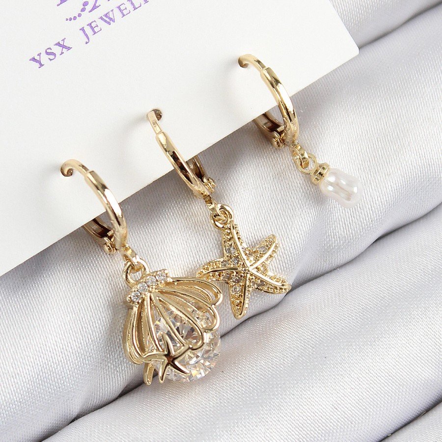 Brass Zircon Stone 3-Piece Oyster and Star Model Gold Color Women s Earrings