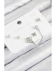 Brass Zircon Stone Clover Model Silver Color 925 Sterling Silver Stud Women's Earring Set