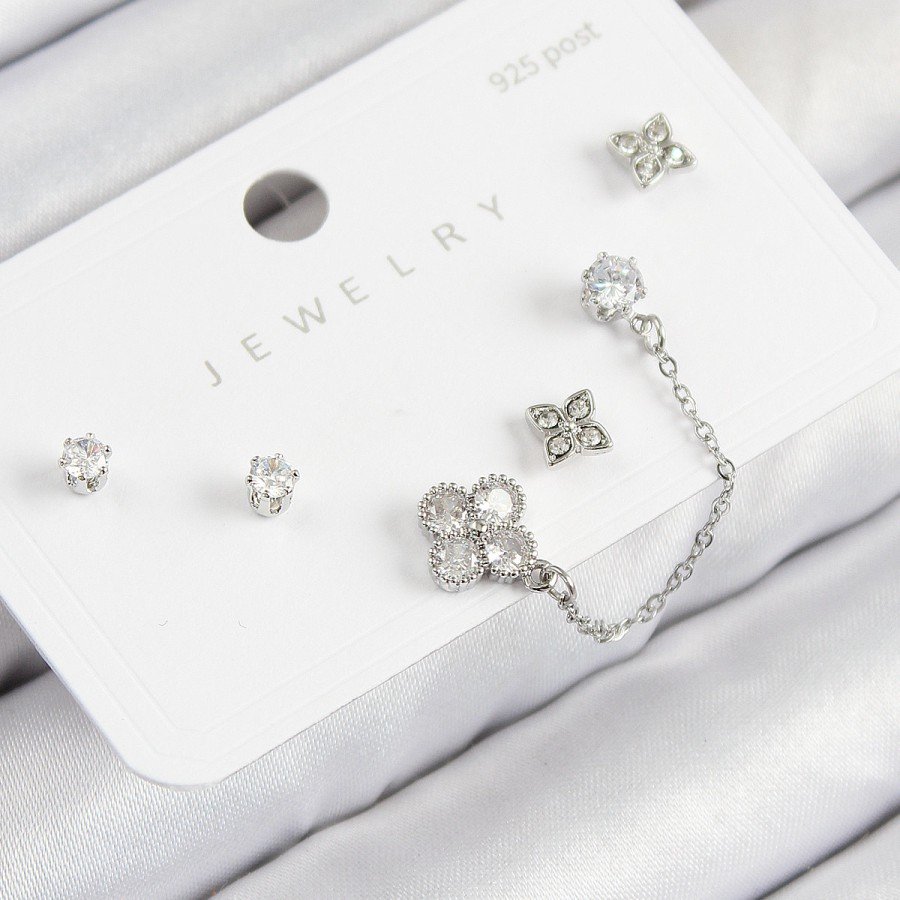 Brass Zircon Stone Clover Model Silver Color 925 Sterling Silver Stud Women s Earring Set