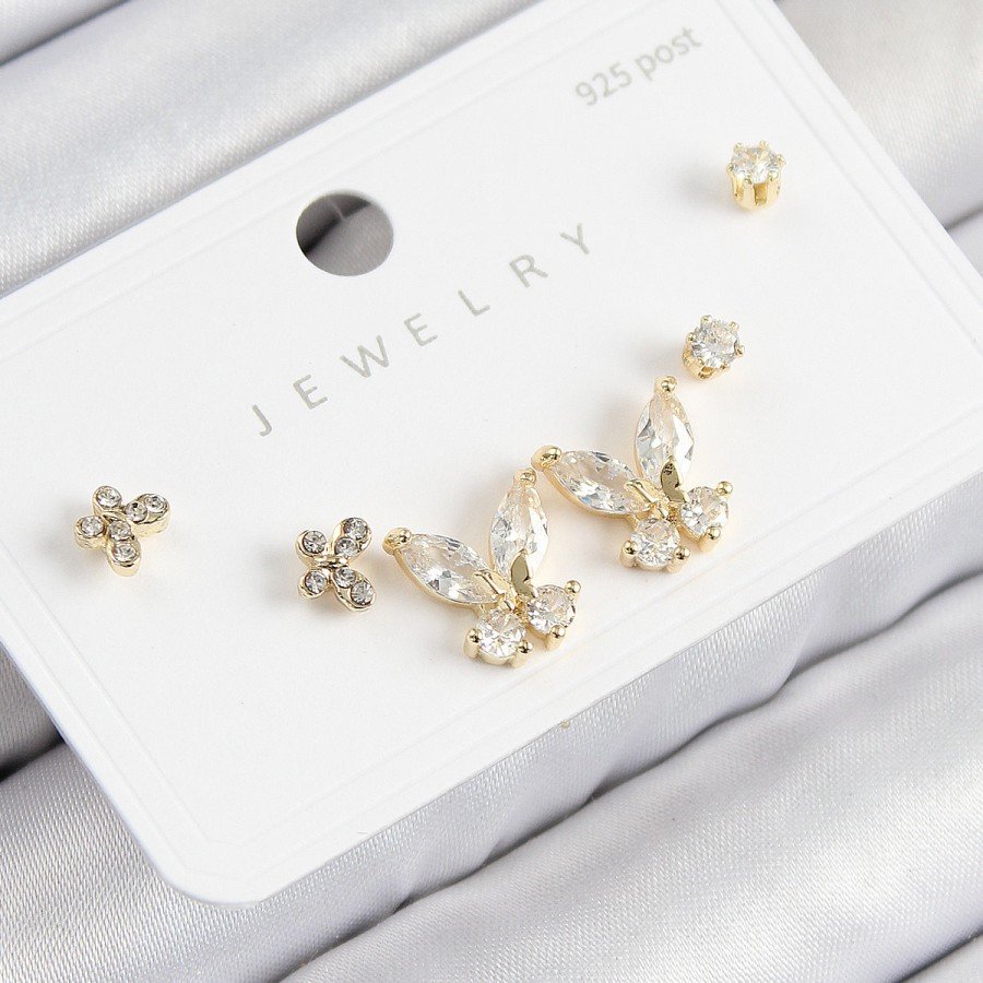 Brass Zircon Stone Butterfly Model Gold Color 925 Sterling Silver Stud Women s Earring Set