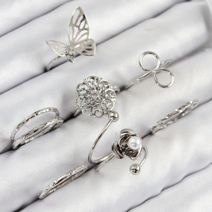 Brass Rose Butterfly Model Silver Color Women s Ring Combination Set