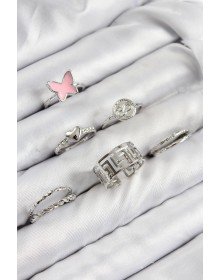 Brass Butterfly and Heart Model Silver Color Women's Ring Combination Set