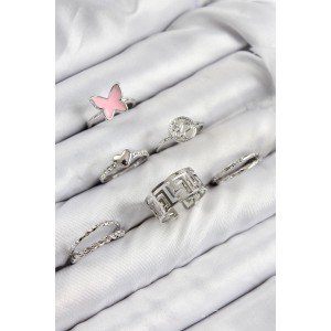 Brass Butterfly and Heart Model Silver Color Women's Ring Combination Set