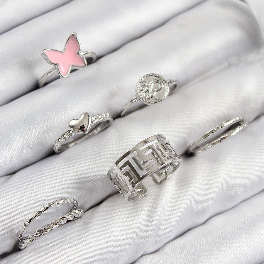 Brass Butterfly and Heart Model Silver Color Women s Ring Combination Set