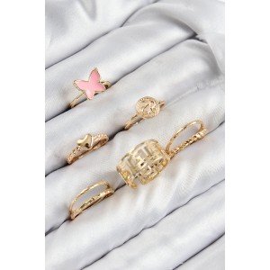 Brass Butterfly and Heart Model Gold Color Women's Ring Combination Set