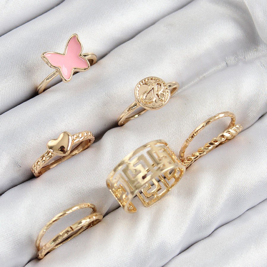 Brass Butterfly and Heart Model Gold Color Women s Ring Combination Set