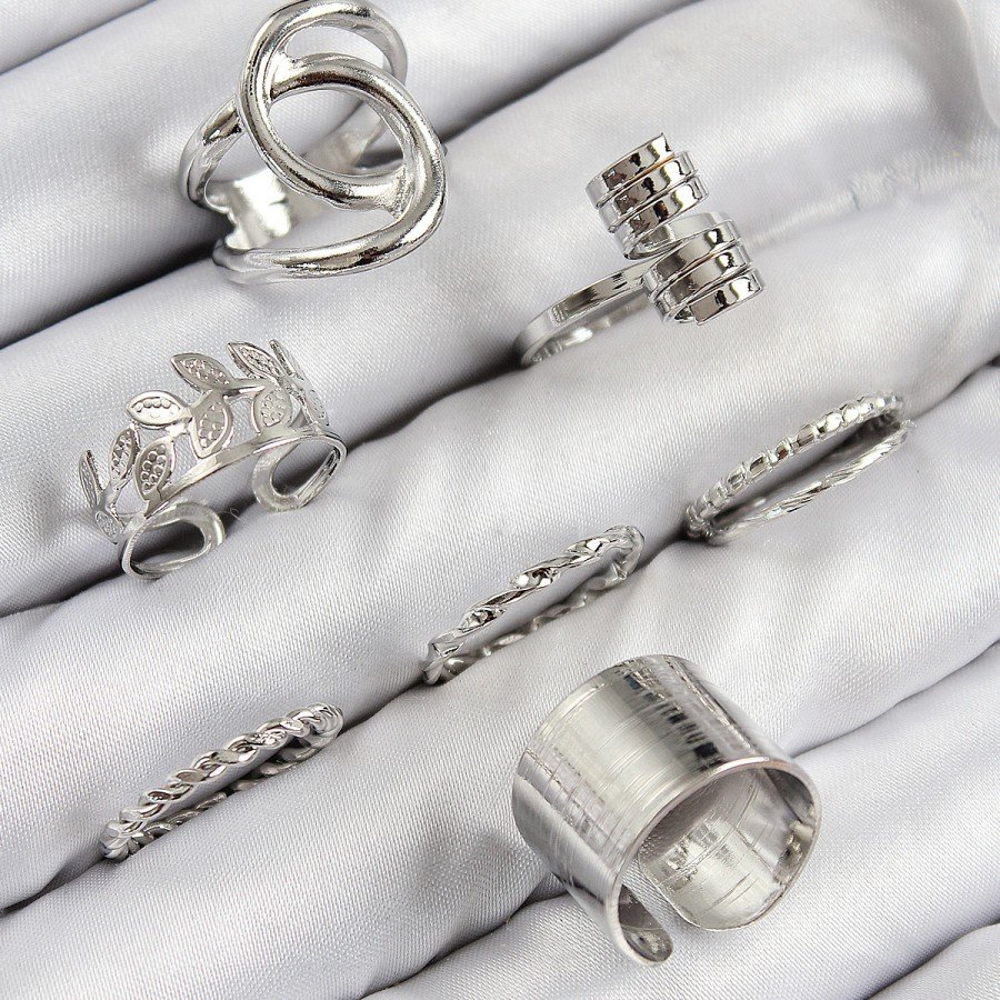 Brass Leaf Model Silver Color Women s Ring Combination Set Brass Leaf Model Silver Color Women s Ring Combination Set