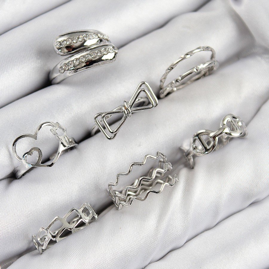 Brass Zircon Stone Bow and Heart Model Silver Color Women s Ring Combination Set