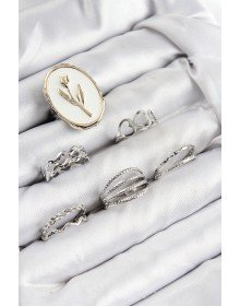 Brass Zircon Stone Tulip Model Silver Color Women's Ring Combination Set