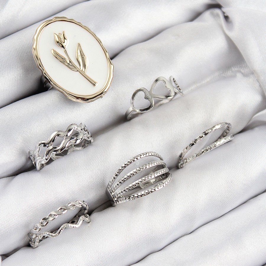 Brass Zircon Stone Tulip Model Silver Color Women s Ring Combination Set Brass Zircon Stone Tulip Model Silver Color Women s Ring Combination Set