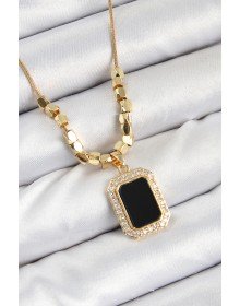 316L Steel Zircon Stone Black Baguette Model Gold Color Women's Necklace