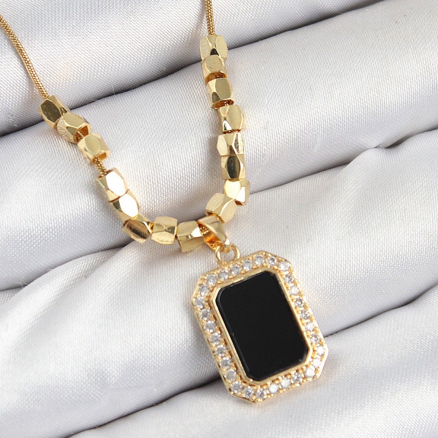 316L Steel Zircon Stone Black Baguette Model Gold Color Women s Necklace