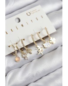 Brass Zircon Stone Hello Kitty and Clover Model Gold Color 6-Piece Earring Set