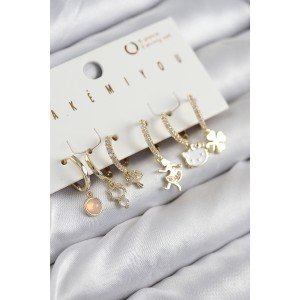 Brass Zircon Stone Hello Kitty and Clover Model Gold Color 6-Piece Earring Set