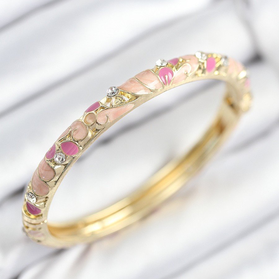 Gold Women s Handcuffs with Enameled Brass Zircon Stone and Pink Flower Motif