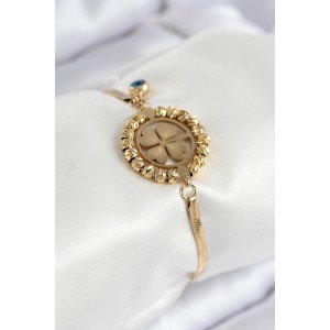 316L Steel Evil Eye Bead Detailed Clover Model Italian Chain Gold Color Women's Bracelet