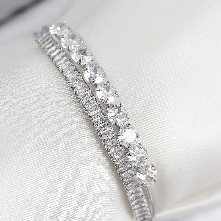 Brass Zircon Stone Waterway Model Silver Color Women s Bracelet