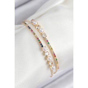 Brass Zircon Stone Pearl Model Gold Color Women's Bracelet