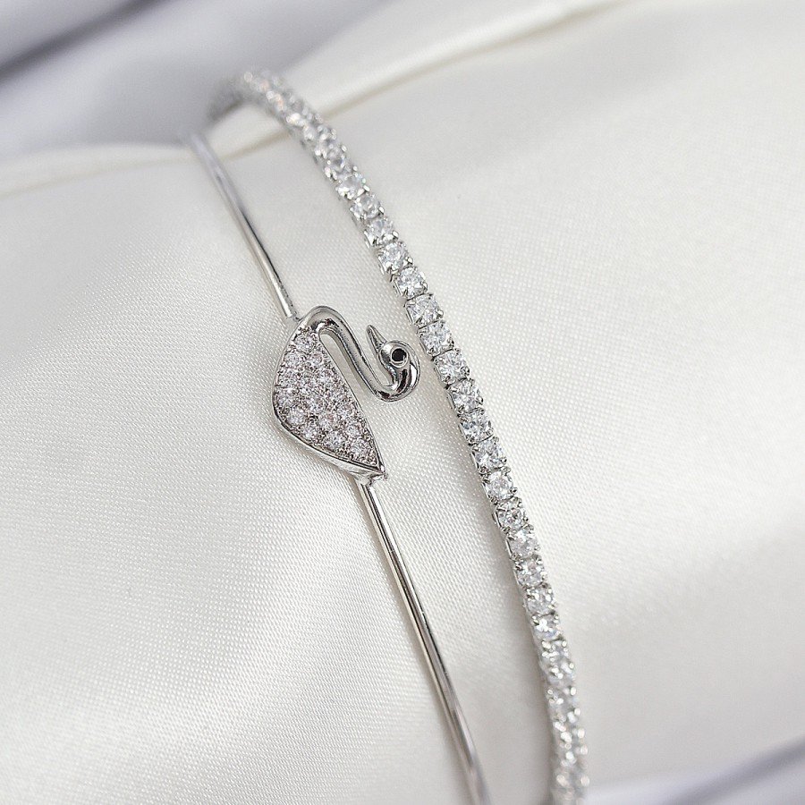 Brass Zircon Stone Swan Model Silver Color Women s Bracelet