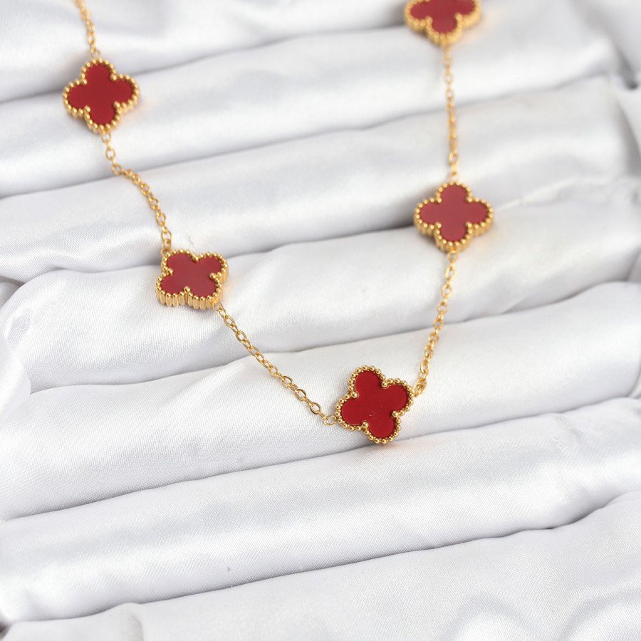 316L Steel Gold Color Chain Burgundy Clover Women s Necklace