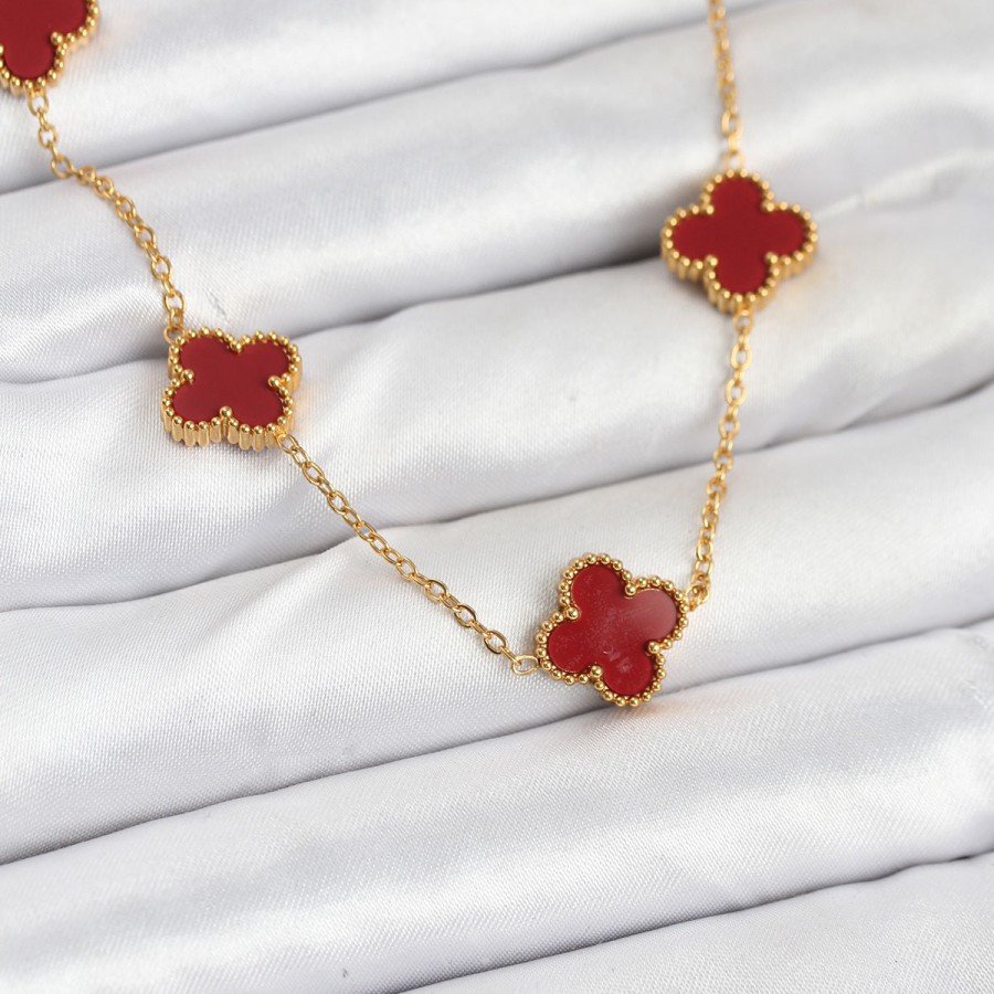 316L Steel Gold Color Chain Burgundy Clover Women s Necklace