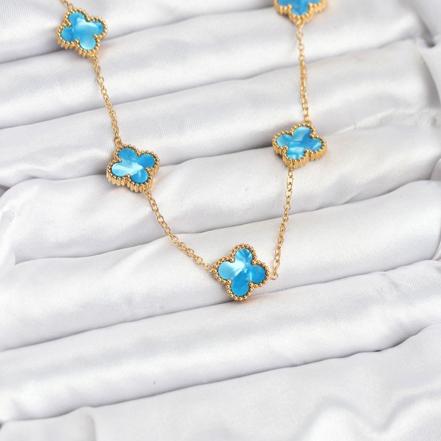 316L Steel Chain Gold Ice Blue Color Clover Necklace 316L Steel Chain Gold Ice Blue Color Clover Necklace