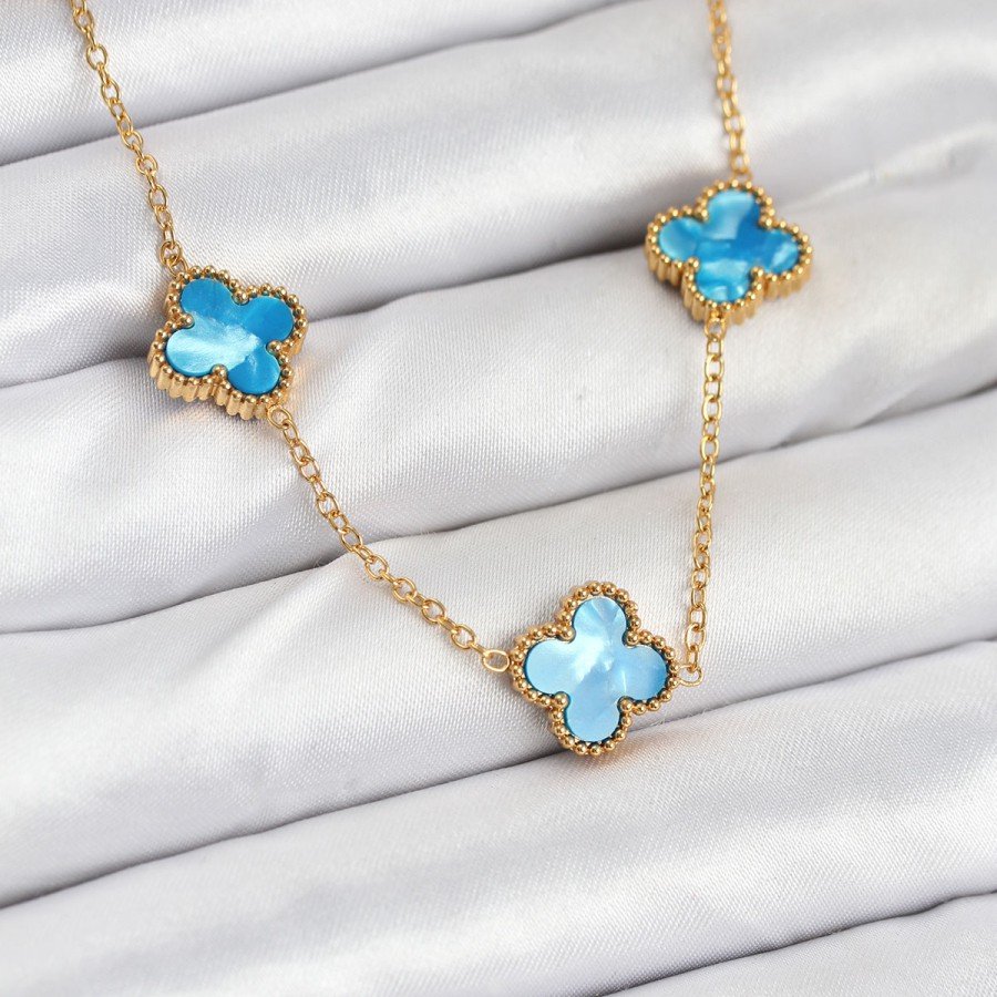 316L Steel Chain Gold Ice Blue Color Clover Necklace 316L Steel Chain Gold Ice Blue Color Clover Necklace