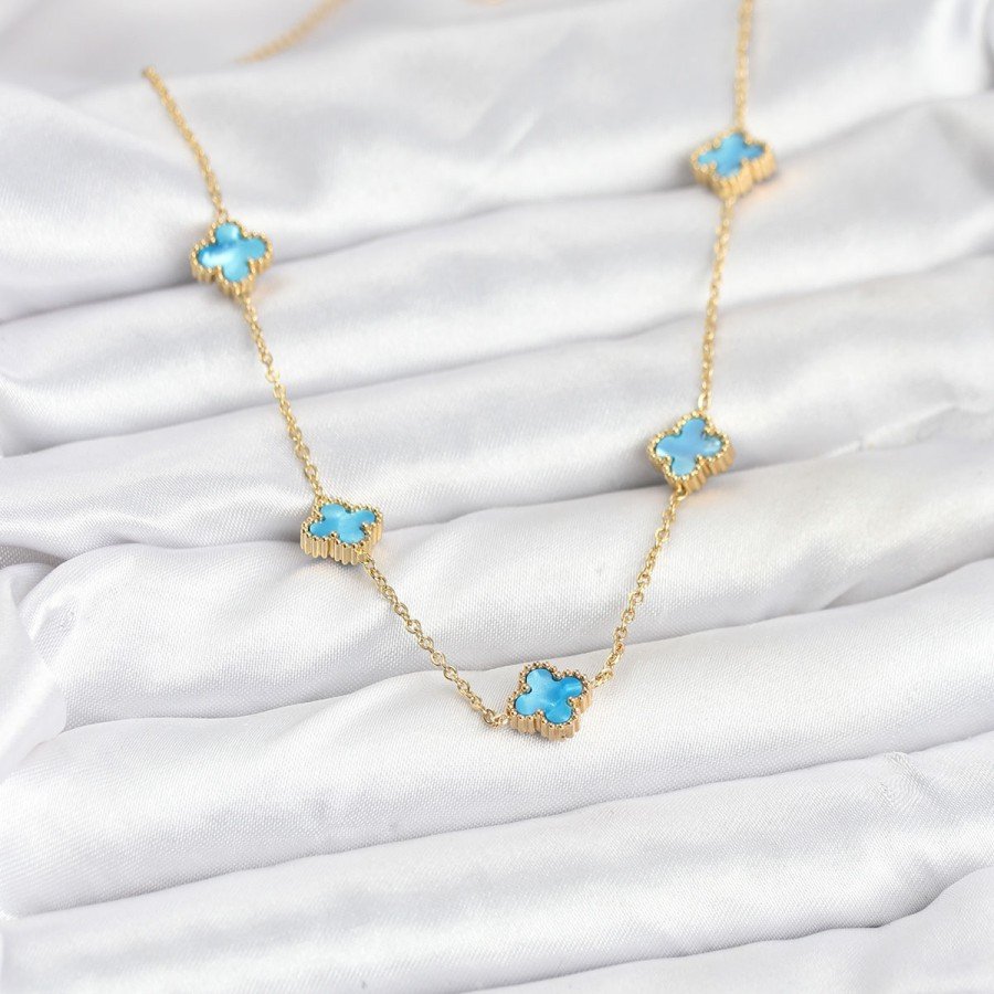 316L Steel Chain Gold Color Ice Blue Baby Boy Clover Women s Necklace