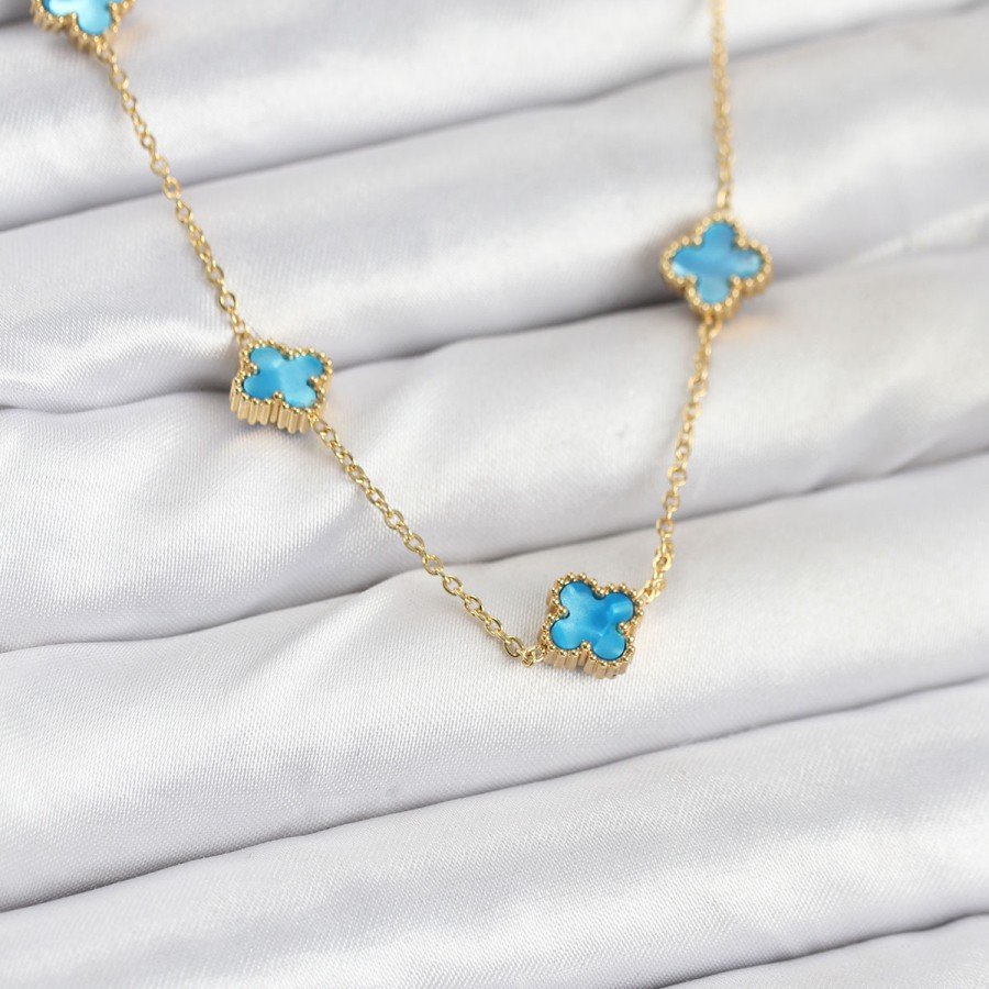 316L Steel Chain Gold Color Ice Blue Baby Boy Clover Women s Necklace