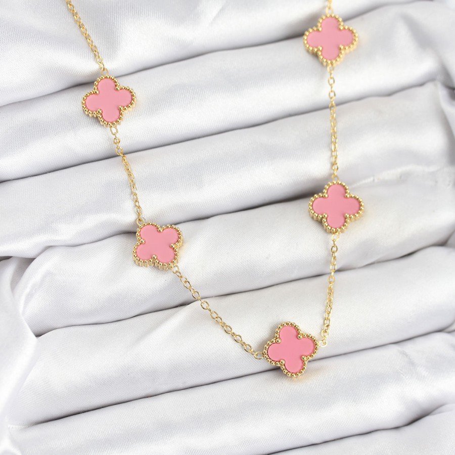 316L Steel Chain Gold Pink Color Clover Women s Necklace